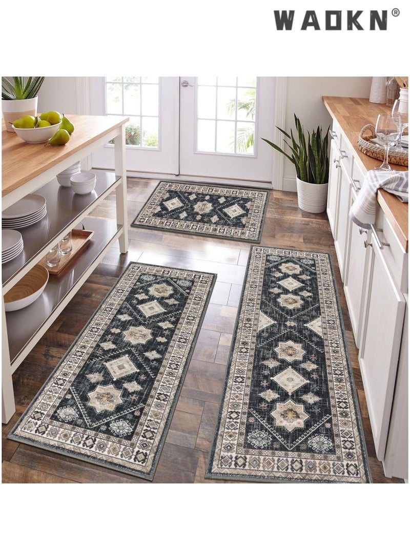 دبليو أيه أو كي أن 3 مجموعات من سجاد المطبخ Boho: ماصة للماء/الزيت، مقاومة للبقع، مضادة للانزلاق، قابلة للغسل، للاستخدام في المطبخ وال싱ي والمرورات وغرفة الغسيل والديكور، سجادة أرضية من الساتان البلوري للاستخدام المنزلي في المطبخ، ماصة للماء والزيت، مقاومة للاتساخ، وحماية للأقدام (40*60 سم + 50*80 سم + 50*120 سم) - Image 1