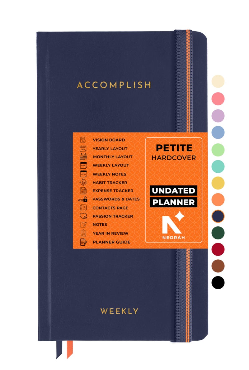 NEORAH—2026 UNDATED ACCOMPLISH Petite Planner|Yearly view|12 Undated Months|54 Weekly Layouts + 54 Notes|12 Habit & Budget trackers|Gratitude|Passion|Password log|Few blank pages|Hardcover(DARK BLUE) - Image 1