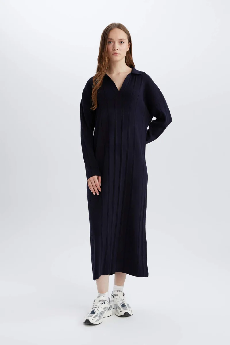 ديفاكتو Relax Fit Basic Plain Polo Neck Maxi Dress
