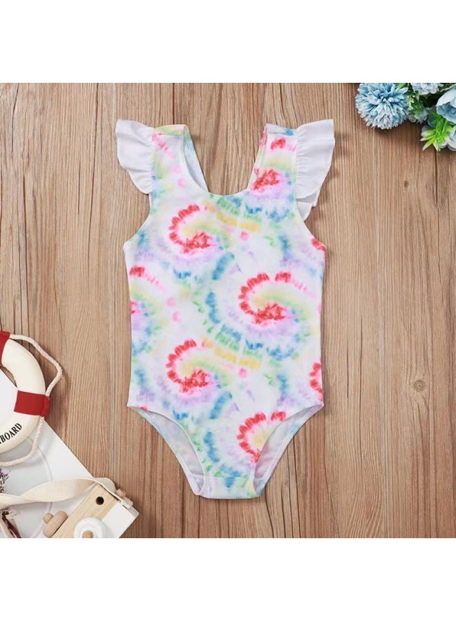 Loquat For Children And Baby Girls Starfish Shell Printing Conjoined Lotus Leaf Bow Swimsuit-Color:White-  - Image 1