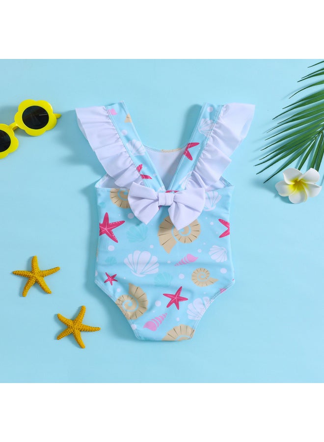 Loquat For Children And Baby Girls Starfish Shell Printing Conjoined Lotus Leaf Bow Swimsuit-Color:White-  - Image 3