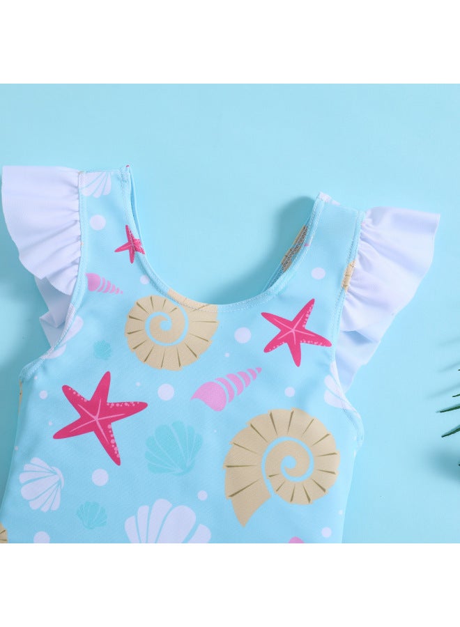 Loquat For Children And Baby Girls Starfish Shell Printing Conjoined Lotus Leaf Bow Swimsuit-Color:White-  - Image 4
