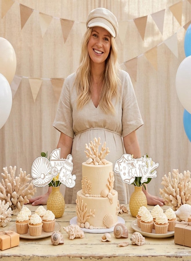 Cheereveal 24PCS Sea You Soon Baby Shower Table Decorations, Under The Sea Ocean Themed Centerpiece Sticks with Seashell Designs, White Double Sided Table Toppers for Welcome Baby Party Decor - Image 3