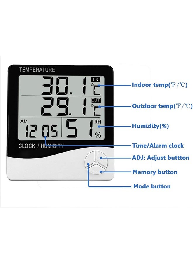 HTC Digital Humidity Meter，Indoor Outdoor Temperature Thermometer，Humidity Monitor with LCD Alarm Clock, Humidity Meter For House Home Greenhouse White - Image 3