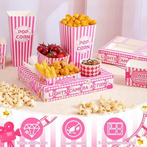 ARQRHTLY 48 Pcs Movie Night Party Supplies Include 12 Paper Snack Trays 12 Popcorn Buckets 12 Snack Boxes 12 Food Bowls, Disposable Cinema Theater Accessories for Family Outdoor Party Birthday (Pink) - Image 5