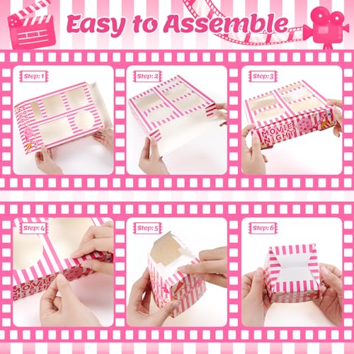 ARQRHTLY 48 Pcs Movie Night Party Supplies Include 12 Paper Snack Trays 12 Popcorn Buckets 12 Snack Boxes 12 Food Bowls, Disposable Cinema Theater Accessories for Family Outdoor Party Birthday (Pink) - Image 4