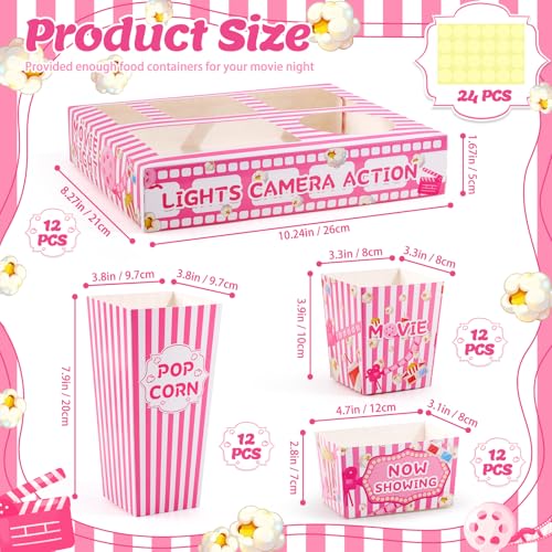 ARQRHTLY 48 Pcs Movie Night Party Supplies Include 12 Paper Snack Trays 12 Popcorn Buckets 12 Snack Boxes 12 Food Bowls, Disposable Cinema Theater Accessories for Family Outdoor Party Birthday (Pink) - Image 3