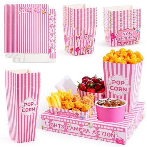ARQRHTLY 48 Pcs Movie Night Party Supplies Include 12 Paper Snack Trays 12 Popcorn Buckets 12 Snack Boxes 12 Food Bowls, Disposable Cinema Theater Accessories for Family Outdoor Party Birthday (Pink) - Image 1