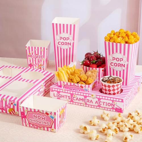 ARQRHTLY 48 Pcs Movie Night Party Supplies Include 12 Paper Snack Trays 12 Popcorn Buckets 12 Snack Boxes 12 Food Bowls, Disposable Cinema Theater Accessories for Family Outdoor Party Birthday (Pink) - Image 2