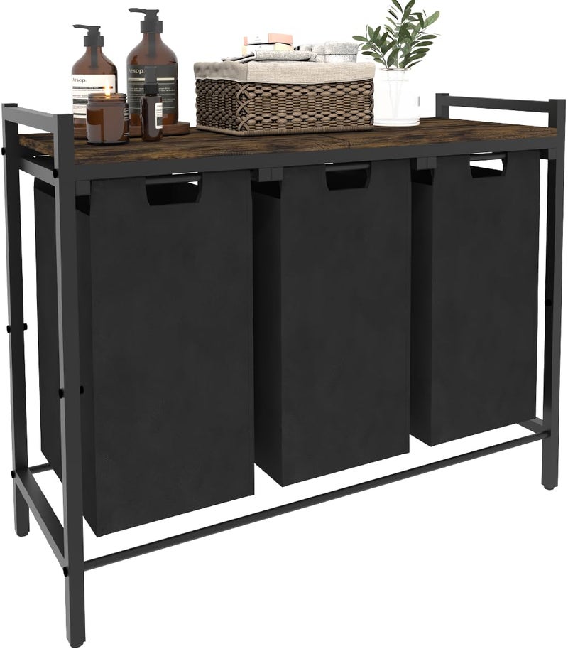 Waaliji 10 x 3 Gal Large Laundry Hamper with 3 Pull-Out & Removable Sorter Bags, Freestanding Clothes Basket Organizer for Clothing or Toys in Bathroom and Living Room, Rustic Brown and Black - Image 1