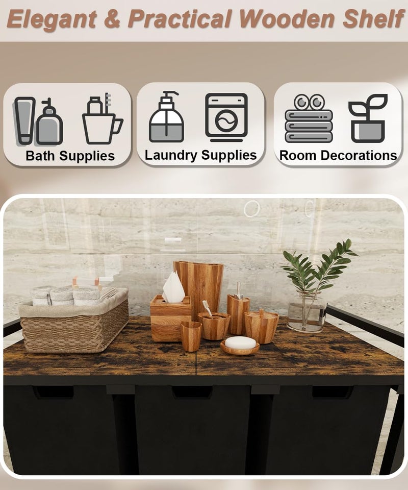 Waaliji 10 x 3 Gal Large Laundry Hamper with 3 Pull-Out & Removable Sorter Bags, Freestanding Clothes Basket Organizer for Clothing or Toys in Bathroom and Living Room, Rustic Brown and Black - Image 3
