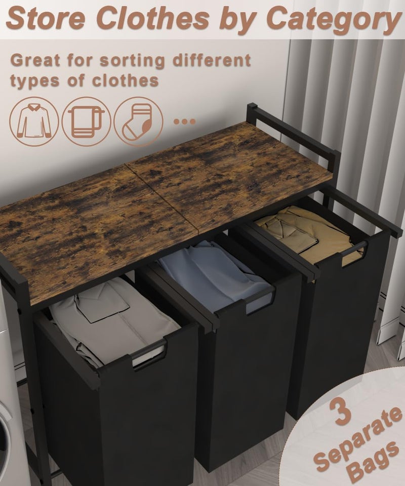 Waaliji 10 x 3 Gal Large Laundry Hamper with 3 Pull-Out & Removable Sorter Bags, Freestanding Clothes Basket Organizer for Clothing or Toys in Bathroom and Living Room, Rustic Brown and Black - Image 2
