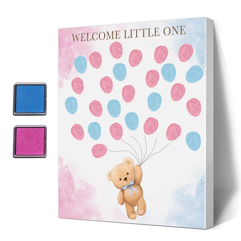 UBLURO Bear Theme Fingerprint Guestbook Baby Shower Guest Book Fingerprint Tree Canvas Boy or Girl Gender Reveal Supplies DecorationsPersonalized Alternative Guest Book