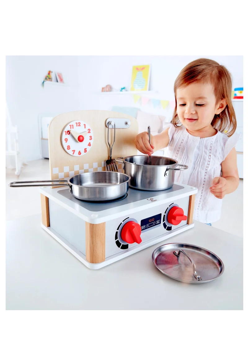 هيب Hape 2-in-1 Kitchen & Grill Set for Kids, Wooden Pretend Play Cooking Toy with Reversible Hob & BBQ Grill, Stainless Steel Accessories, Clicking Knobs & Adjustable Clock, Ages 3+