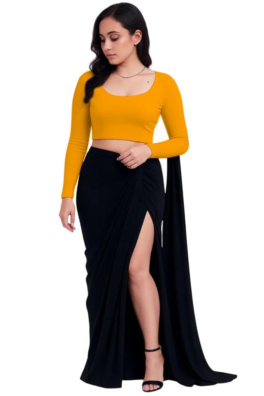 JOVO Readymade Cotton Fitted Saree Blouse for Women Full Sleeve Square Round U Neck Regular fit Stretchable Pullon Western Stylish Crop Top NJ12 1059 M YEL Yellow - Image 4
