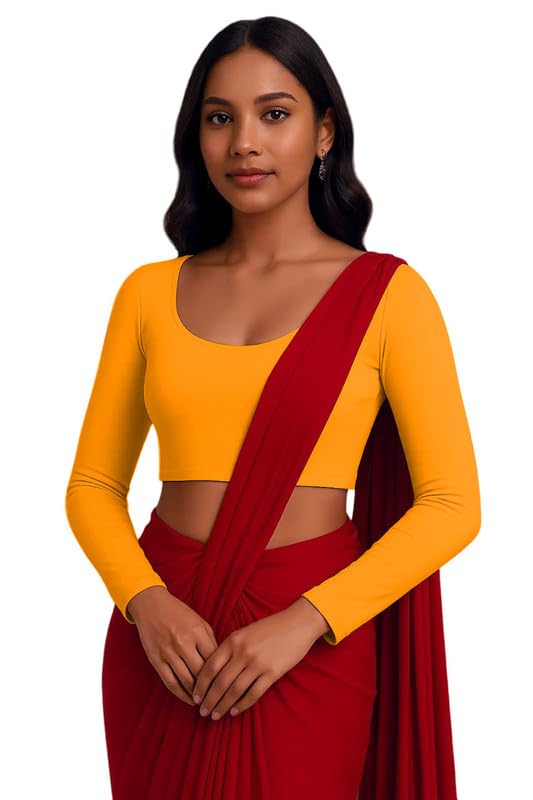 JOVO Readymade Cotton Fitted Saree Blouse for Women Full Sleeve Square Round U Neck Regular fit Stretchable Pullon Western Stylish Crop Top NJ12 1059 M YEL Yellow - Image 3