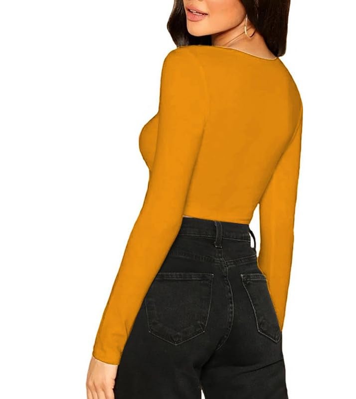 JOVO Readymade Cotton Fitted Saree Blouse for Women Full Sleeve Square Round U Neck Regular fit Stretchable Pullon Western Stylish Crop Top NJ12 1059 M YEL Yellow - Image 2