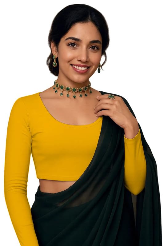 JOVO Readymade Cotton Fitted Saree Blouse for Women Full Sleeve Square Round U Neck Regular fit Stretchable Pullon Western Stylish Crop Top NJ12 1059 M YEL Yellow - Image 1