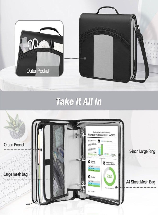 MoKo Zipper Binder, 3-Inch 3 Rings Binder with Zipper, 600 Sheet Capacity Multi-Pocket School Bag Organizer, Handle and Shoulder Strap Included, Black & Gray - Image 3