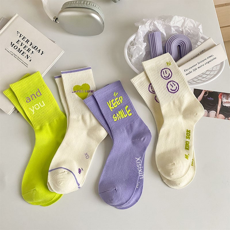 Generic Smiley Letter Socks Korean Streetwear Skateboard Crew Green - Image 1