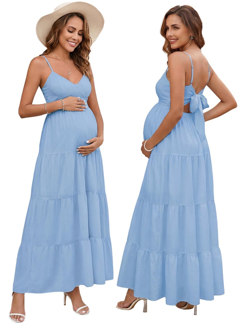 HTZMO Maternity Floral Summer Maxi Dress Bow Tie V Neck Baby Shower Photoshoot Casual Boho Long Sundress for Women Blue M - Image 1