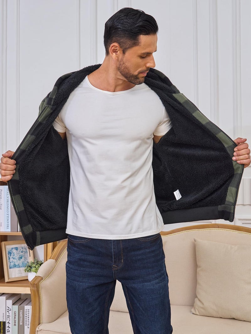 Suitswinew Men's Flannel Hooded Jacket Fleece Sherpa Lined Plaid Shirts Jackets Coat Full Zip Up Hoodie Winter Outwear Green/Black L - Image 2