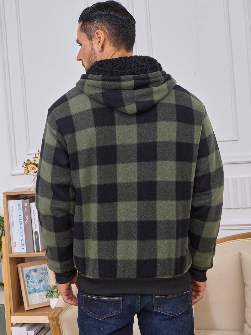 Suitswinew Men's Flannel Hooded Jacket Fleece Sherpa Lined Plaid Shirts Jackets Coat Full Zip Up Hoodie Winter Outwear Green/Black L - Image 3