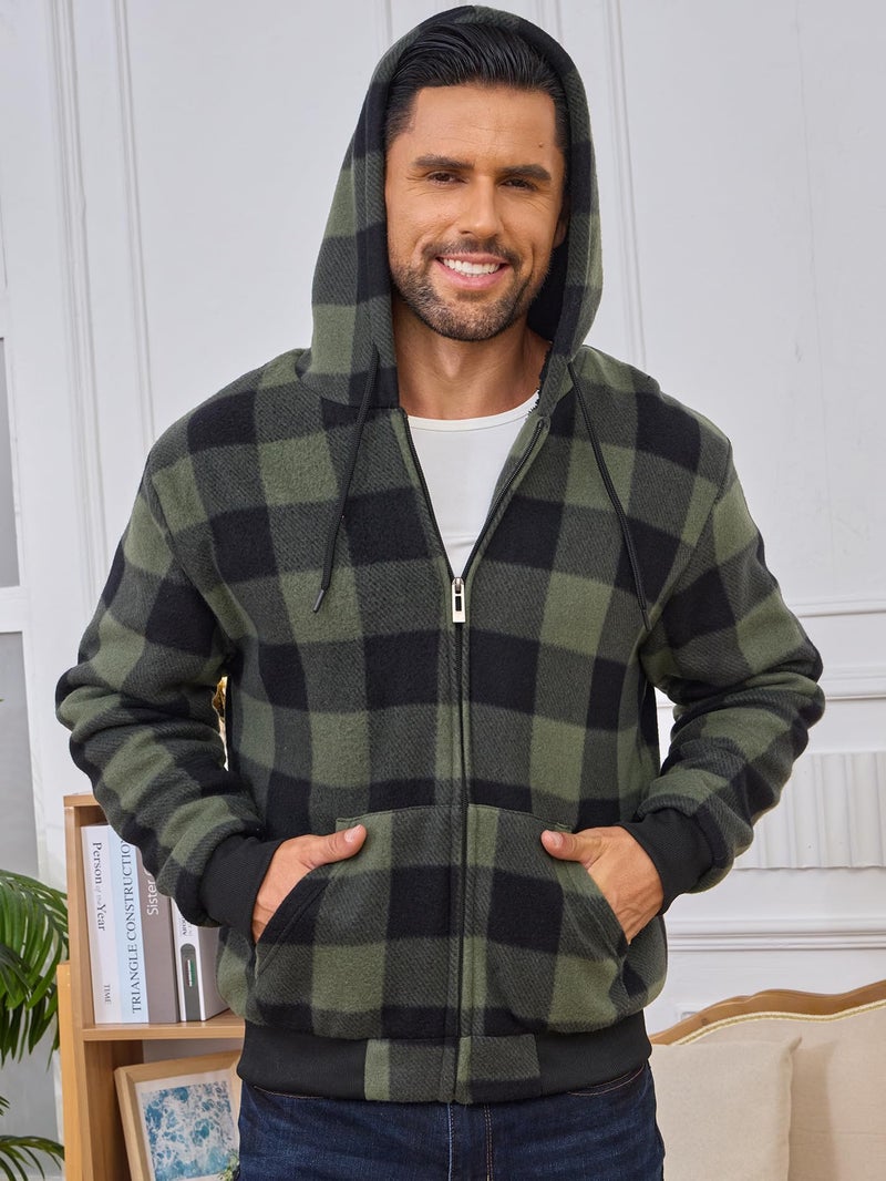 Suitswinew Men's Flannel Hooded Jacket Fleece Sherpa Lined Plaid Shirts Jackets Coat Full Zip Up Hoodie Winter Outwear Green/Black L - Image 4
