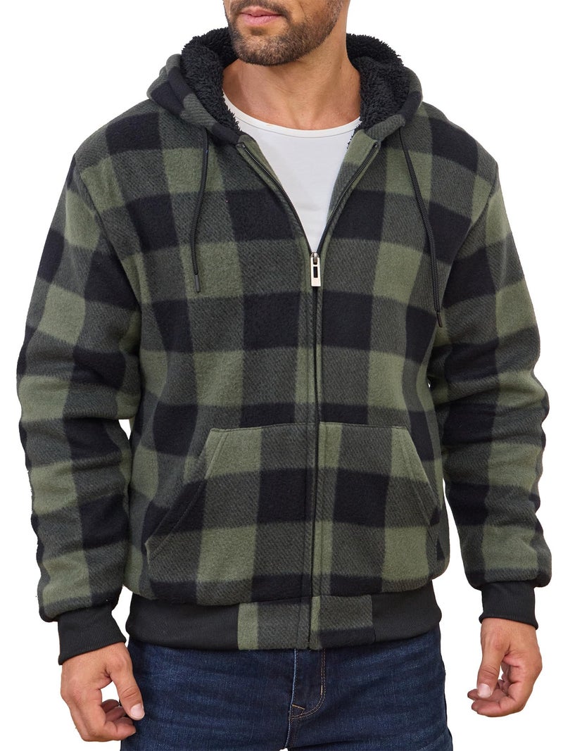 Suitswinew Men's Flannel Hooded Jacket Fleece Sherpa Lined Plaid Shirts Jackets Coat Full Zip Up Hoodie Winter Outwear Green/Black L - Image 1