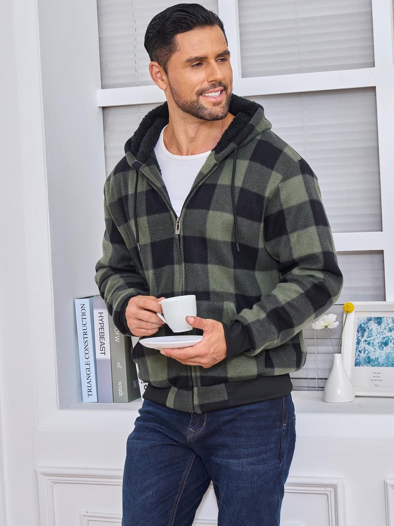Suitswinew Men's Flannel Hooded Jacket Fleece Sherpa Lined Plaid Shirts Jackets Coat Full Zip Up Hoodie Winter Outwear Green/Black L - Image 5