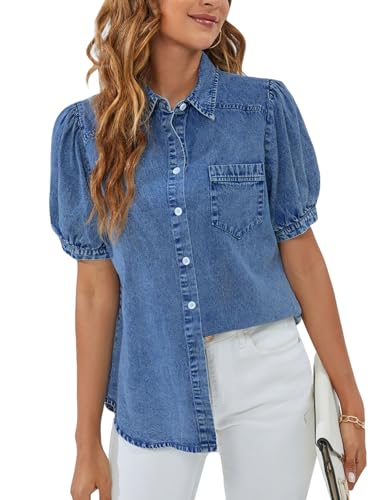 BMJL Womens Denim Shirt Business Casual Button Down Work Blouses Puff Sleeve Summer Tops Blue - Image 5