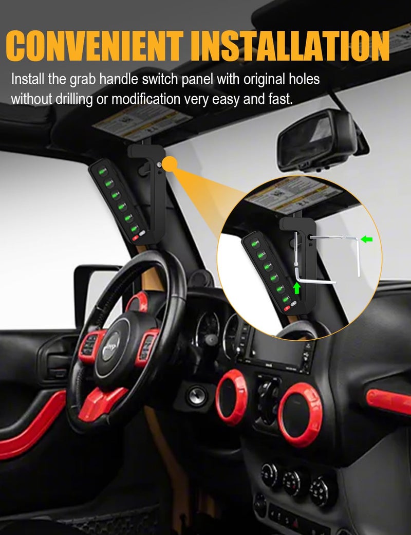 ADTOPI Grab Handle Switch Panel for JK, 6 Gang Wireless Switch Panel Armrest Switch Panel Compatible with Jeep Wrangler JK JKU 2007-2018 with Integrated Control Box & Type-C Charging - Image 5