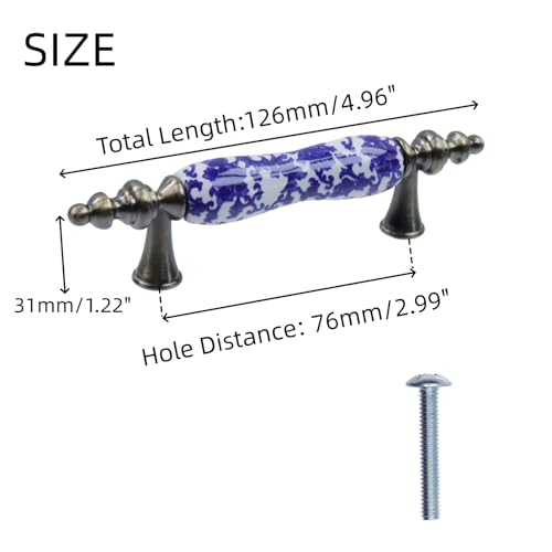 Mcredy Cabinet Pulls Ceramic Door Knobs Painted Cabinet Drawer Wardrobe Pull Handles Blue and White Porcelain Pattern with Screws T Pull Handles Pack of 4 - Image 2