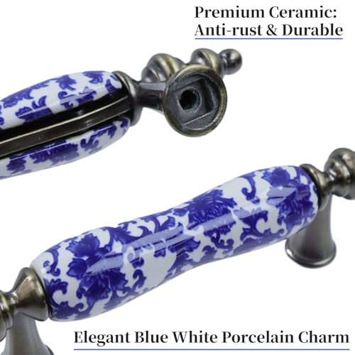 Mcredy Cabinet Pulls Ceramic Door Knobs Painted Cabinet Drawer Wardrobe Pull Handles Blue and White Porcelain Pattern with Screws T Pull Handles Pack of 4 - Image 3