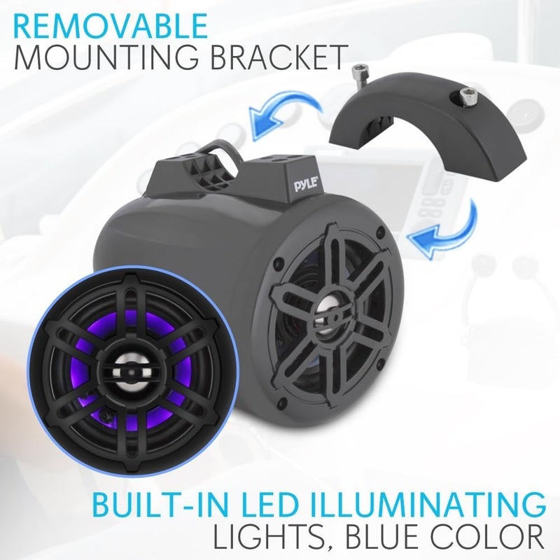 Waterproof Marine Wakeboard Tower Speakers - 4 Inch Dual Subwoofer Speaker Set w/ 300 Max Power Output - Boat Audio System w/Built-in LED Lights - Mounting Clamps Included - PLMRLEWB46B Black - Image 2