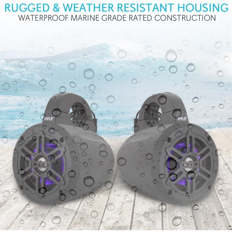 Waterproof Marine Wakeboard Tower Speakers - 4 Inch Dual Subwoofer Speaker Set w/ 300 Max Power Output - Boat Audio System w/Built-in LED Lights - Mounting Clamps Included - PLMRLEWB46B Black - Image 3