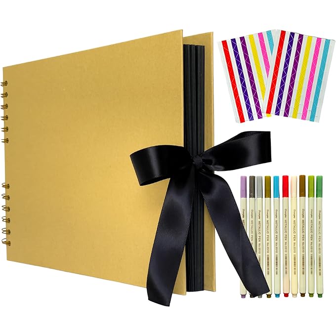 SARI SARI Scrapbook Kit & DIY Photo Album -11x8 inches, 80 pages, 3 Stickers, 10 Pens, Sketch book Art & Craft Set (Gold)