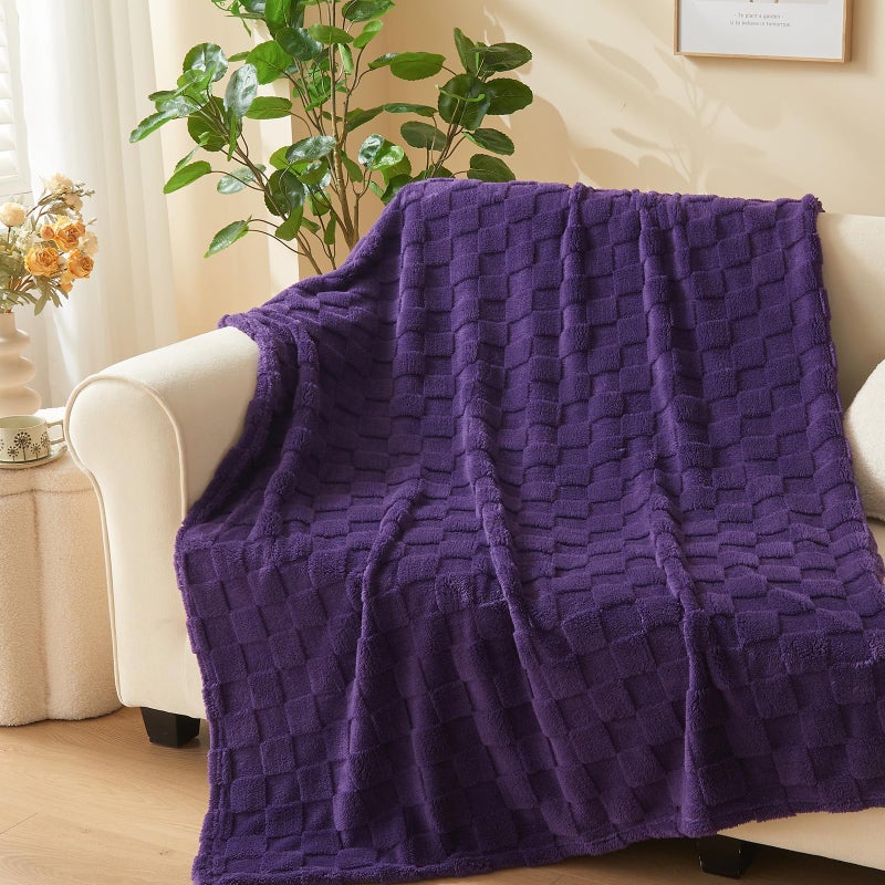 NEWCOSPLAY Super Soft Twin Blanket Purple Premium Silky Flannel Fleece 3D Checkered Lightweight Bed Blanket All Season Use (Purple Checkered  Twin(60""x80"")) - Image 1