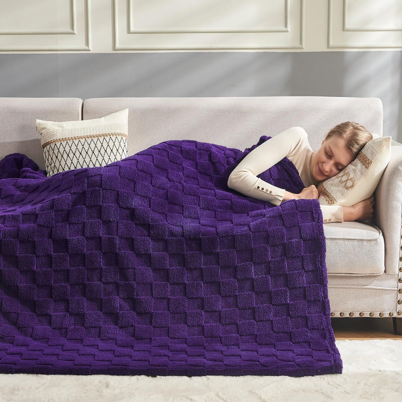 NEWCOSPLAY Super Soft Twin Blanket Purple Premium Silky Flannel Fleece 3D Checkered Lightweight Bed Blanket All Season Use (Purple Checkered  Twin(60""x80"")) - Image 4