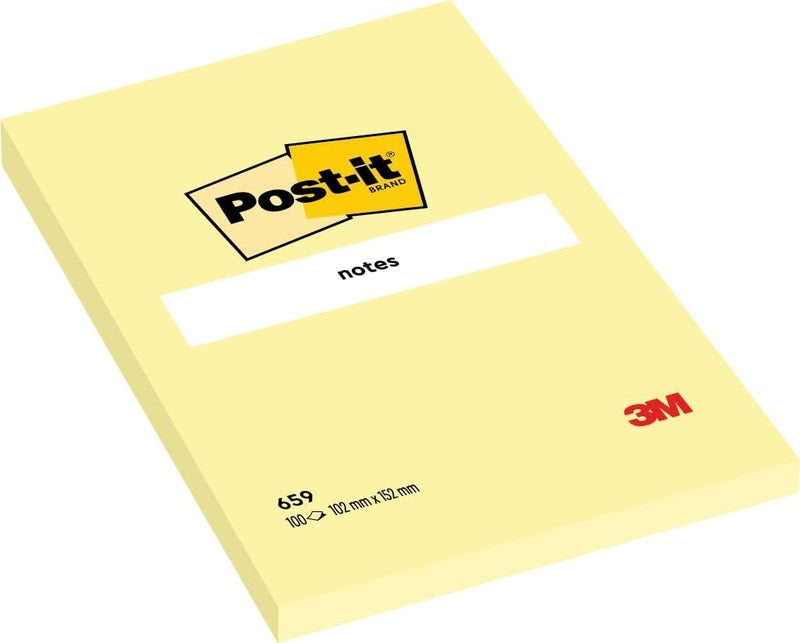 Post It Notes Canary Yellow 4 x 6 in (101 x 152 mm) 659 | Yellow Color | Sticky Notes | For Note Taking, To Do Lists and Reminders | Clean Removal | No damage | Recyclable | 100 sheets/pad - Image 1