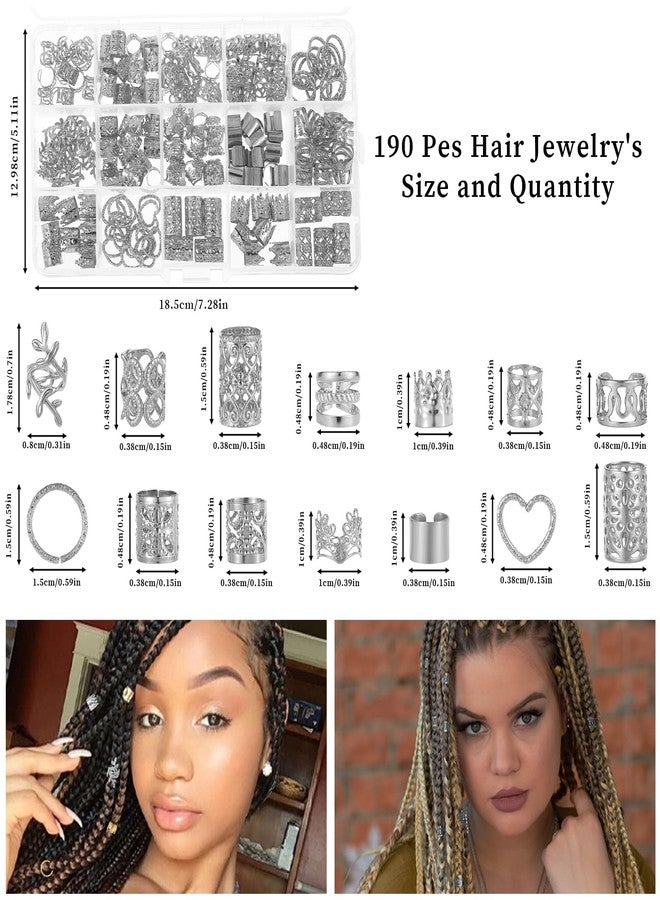 Nogeqi 190PCS Silver Hair Jewelry for Braids, Metal Hair Charms Cuffs Rings Clips, Silver Loc Jewelry for Women Men Dreadlock Accessories Decorations - Image 3