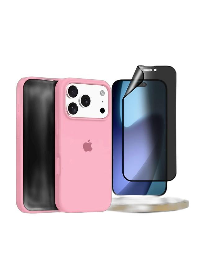 Wtech Apple iPhone 17 Pro Max 5G 2025 Luxury Premium Quality Liquid Silicone Case Cover (MCRPSN) - Light Pink & Apple iPhone 17 Pro Max 5G 2025 Premium Nano Ceramic Privacy Full Glue Full Cover Matte Flexible Screen Protector (MSCNMP) - Clear/Black Bundle - Image 1