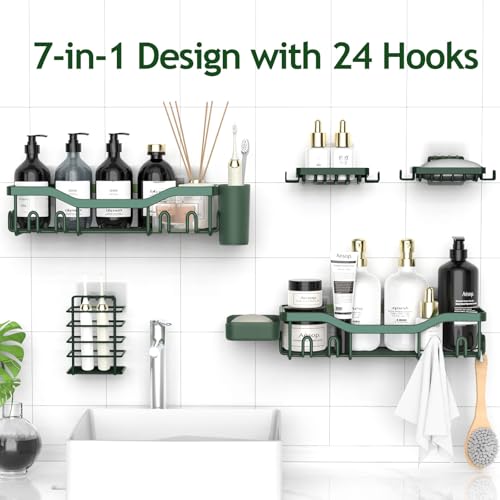 NESOMI Shower Caddy Adhesive Shower Organizer 7-Pack, Rustproof Stainless Steel Bathroom Shelves, Large Capacity No-Drill Rack Storage Accessories with Soap Dish Toothbrush Holder Hooks - Image 4