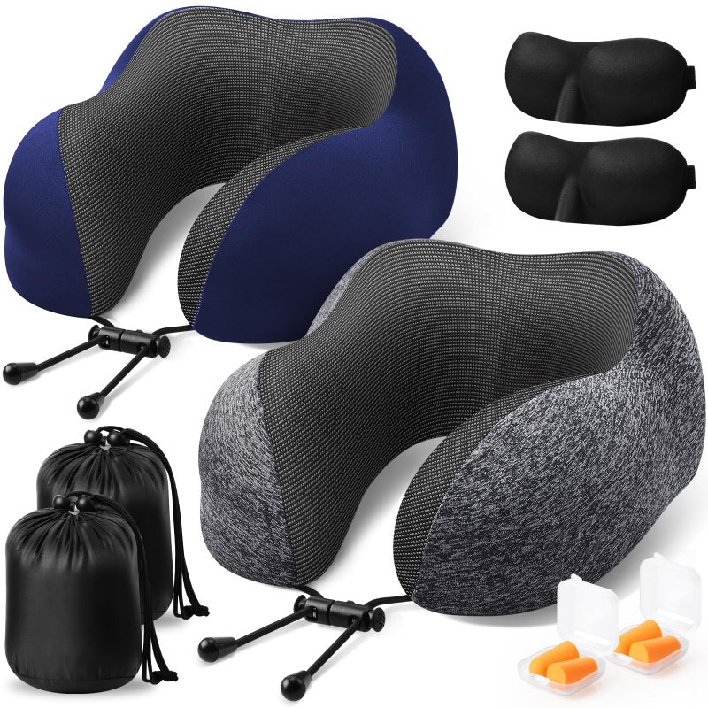 ExploreBliss ExploreBliss Travel Pillow  Travel Pillows for Sleeping Airplane  Removable Cover Neck Pillow with Adjustable Clasp  Memory Foam Neck Pillow Set with Eye Mask  Earplugs and Storage Bag (Dark Grey)  - Image 1