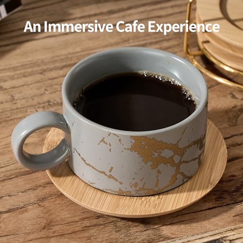 LUKA 6 Ounce Porcelain Stackable Espresso Cups with Saucers and Metal Stand Set of 4, Ceramic Cappuccino Cups Set for Specialty Coffee Drinks, Latte, Cafe Mocha and Tea, Gray - Image 3