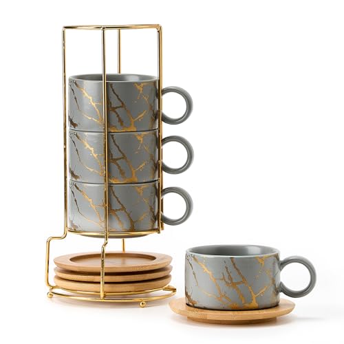 LUKA 6 Ounce Porcelain Stackable Espresso Cups with Saucers and Metal Stand Set of 4, Ceramic Cappuccino Cups Set for Specialty Coffee Drinks, Latte, Cafe Mocha and Tea, Gray - Image 1
