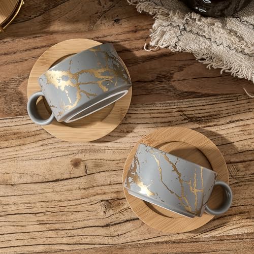 LUKA 6 Ounce Porcelain Stackable Espresso Cups with Saucers and Metal Stand Set of 4, Ceramic Cappuccino Cups Set for Specialty Coffee Drinks, Latte, Cafe Mocha and Tea, Gray - Image 5