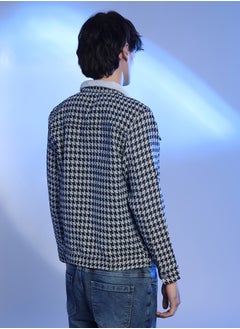Campus Sutra Men's Navy Blue & Moon Grey Fleece Houndstooth Denim Jacket  - Image 3