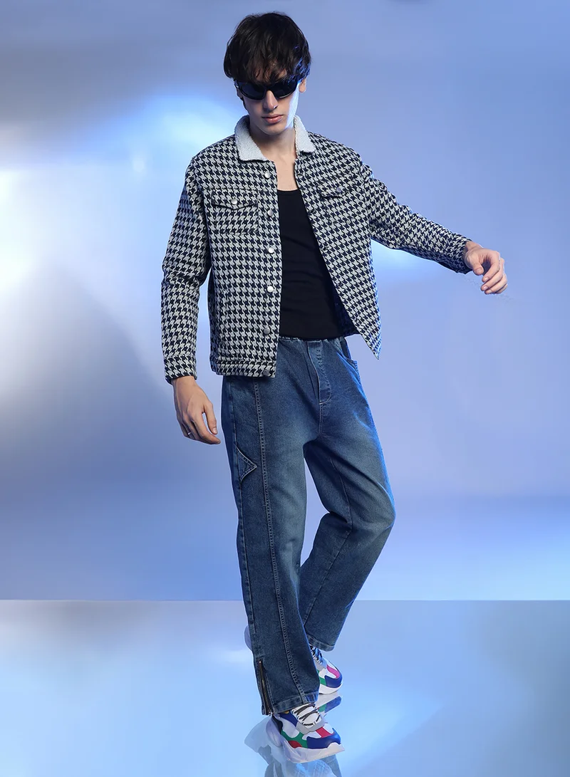 كامبوس سوترا Men's Navy Blue & Moon Grey Fleece Houndstooth Denim Jacket