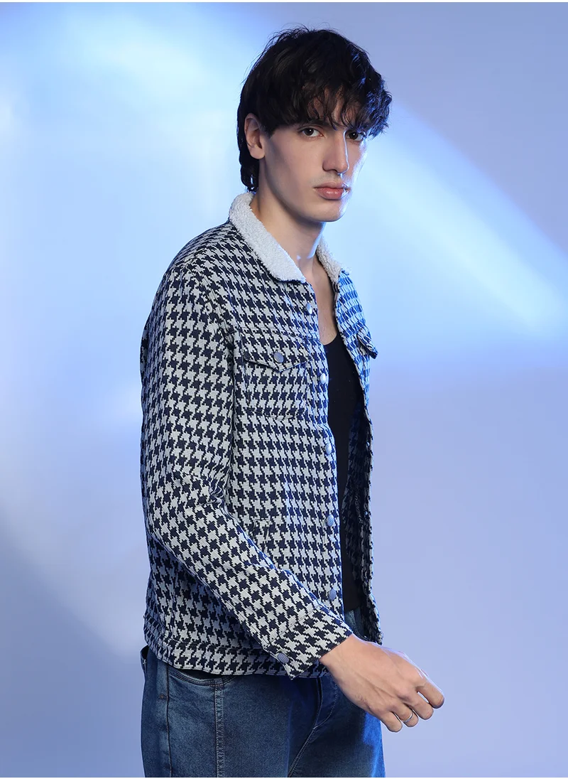 Campus Sutra Men's Navy Blue & Moon Grey Fleece Houndstooth Denim Jacket